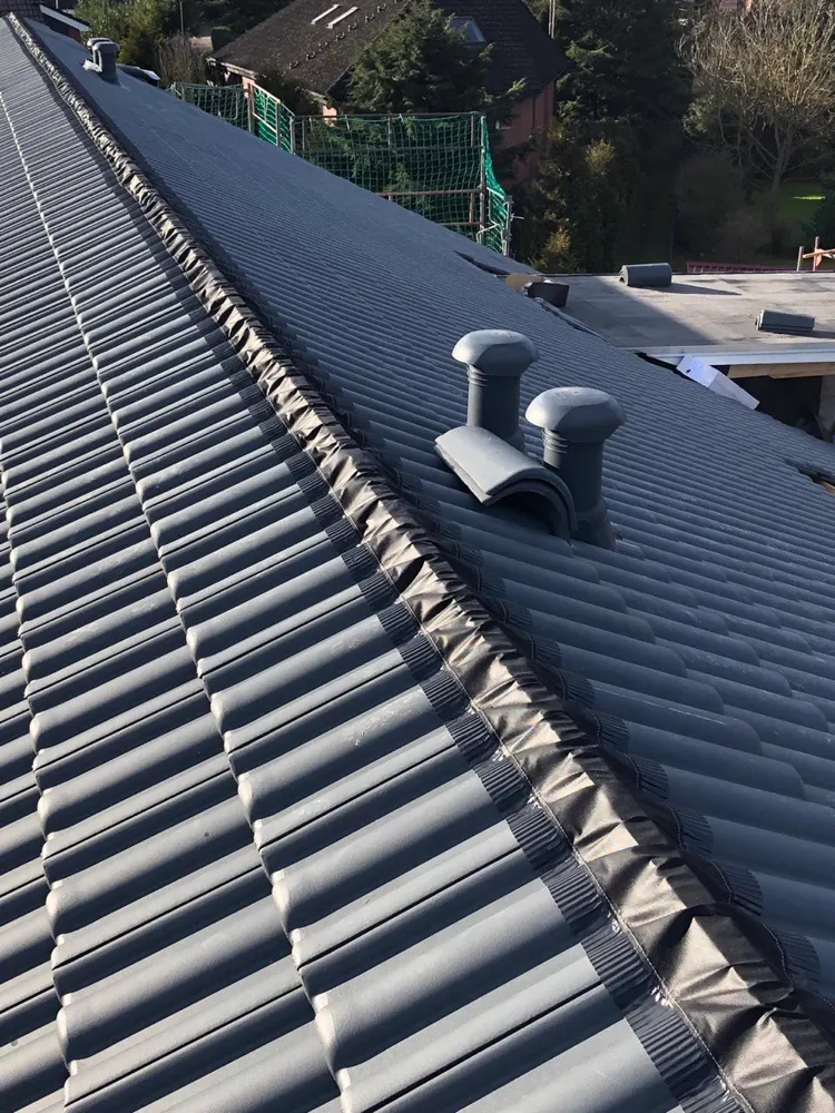 Eingedeckte Dachfläche mit Entlüfterziegeln und First mit Rollband